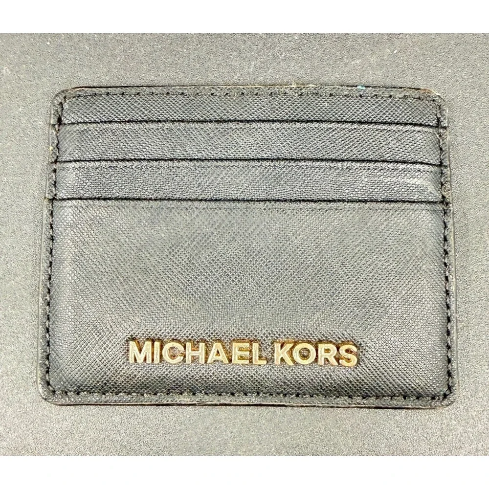 Michael Kors Black Saffiano Leather Card Holder Wallet ID Window Slim Minimalist